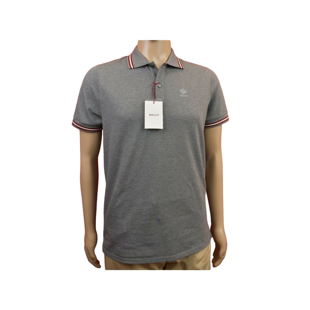 NEW MEN'S BALLY GRAY COTTON PIQUET WEB COLLAR BUTTON LOGO POLO SHIRT 48 38